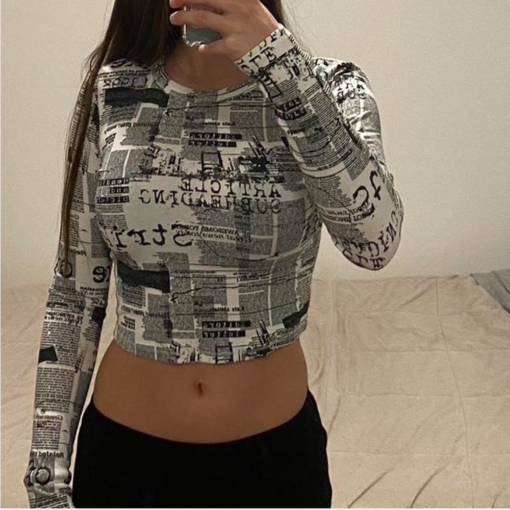 Bershka Newspaper Print Crop Top